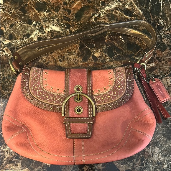 Coach Pink and Brown Hobo Shoulder Bag with Embossed Trim - Picture 1 of 1
